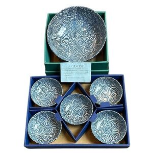 Japanese Blue Spiral Patterned Bowl Set Serving Bowl 8” & 5 Small Bowls 4” NEW